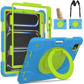 Case for iPad Pro 11 Inch M4 2024/M5 2025 Case, Heavy Duty Shockproof Cover with Screen Protector/360° Rotate Stand/Shoulder Strap/Pencil Holde (Navy+Green, iPad Pro M4/M5 11 inch) in Kuwait