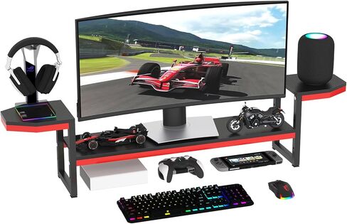 Monitor Stand for Desk,Wood and Steel Monitor Stand Riser with Side Storage shelf,Height Adjustable Computer Monitor Stand for Computer/Laptop/PC/Printer, Black+Red in Saudi Arabia