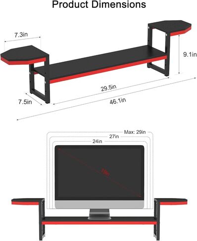 Monitor Stand for Desk,Wood and Steel Monitor Stand Riser with Side Storage shelf,Height Adjustable Computer Monitor Stand for Computer/Laptop/PC/Printer, Black+Red in Saudi Arabia