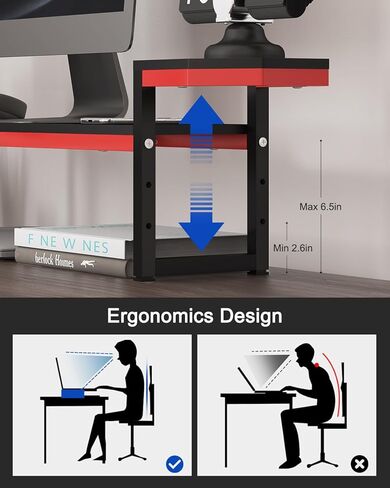 Monitor Stand for Desk,Wood and Steel Monitor Stand Riser with Side Storage shelf,Height Adjustable Computer Monitor Stand for Computer/Laptop/PC/Printer, Black+Red in Saudi Arabia