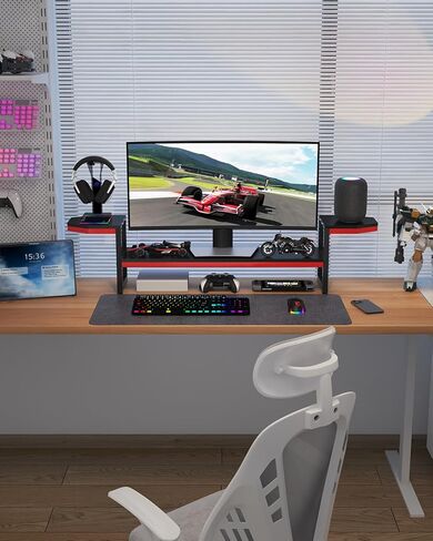 Monitor Stand for Desk,Wood and Steel Monitor Stand Riser with Side Storage shelf,Height Adjustable Computer Monitor Stand for Computer/Laptop/PC/Printer, Black+Red in Saudi Arabia