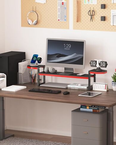 Monitor Stand for Desk,Wood and Steel Monitor Stand Riser with Side Storage shelf,Height Adjustable Computer Monitor Stand for Computer/Laptop/PC/Printer, Black+Red in Saudi Arabia