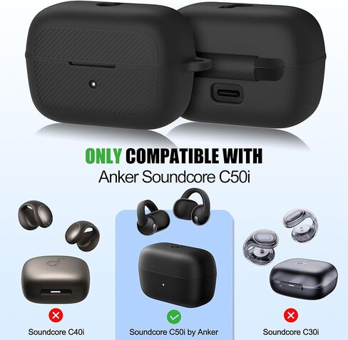 لحافظة Soundcore C50i، غطاء واقٍ من السيليكون المقاوم للخدش متوافق مع Soundcore C50i من Anker، حافظة شحن لسماعات الأذن المفتوحة مع حلقة تسلق ومجموعة منظف (أسود) in Kuwait