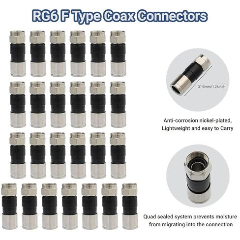 25 قطعة من موصلات ضغط RG6، موصلات ضغط الكابلات المحورية من النوع F، حلقة دائرية محكمة الغلق، داخلية/خارجية، متوافقة مع موصلات تلفزيون الكابل العالمية RG6 المزدوجة والثلاثية والدرع الرباعي in Saudi Arabia