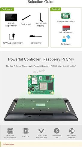 13.3inch CM4 Magic Mirror HD Touch Control Screen Mini-Computer with USB/ETH Ports Powered by for Raspberry Pi Compute Module 4 (Inlcuded) Speech Assistant @XYGStudy (13.3inch Magic Mirror C4A) in Saudi Arabia