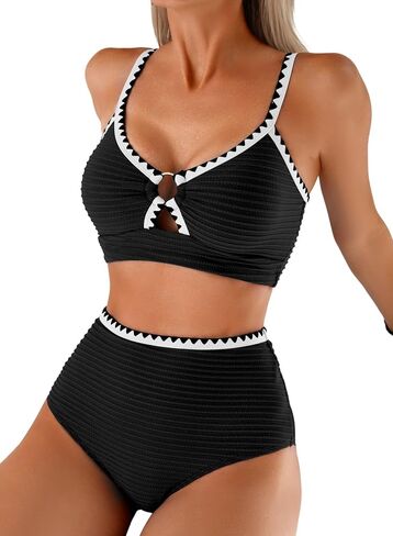 Herseas Women's Textured Bikini Sets O Ring Swimsuits Whip Stitch High Waisted Bathing Suits 2026 Summer Beach Wear in Saudi Arabia