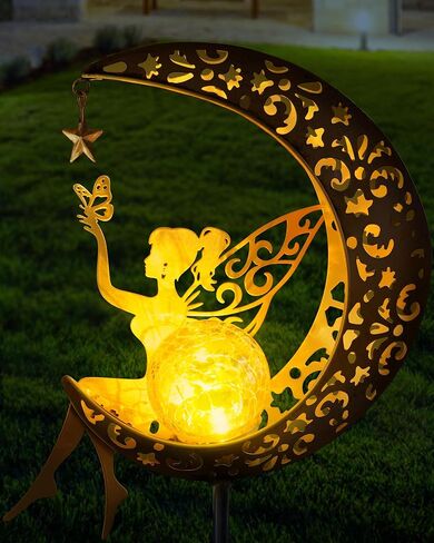 Solar Garden Statues Outdoor Decor, Fairy Moon Figurine Light Stake, Housewarming Ornament for Patio, Lawn, Yard, Pathway - Unique Gift Ideas for Gardening Mom Grandma in Kuwait