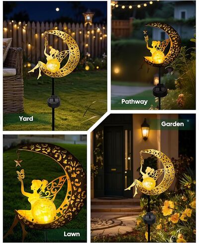 Solar Garden Statues Outdoor Decor, Fairy Moon Figurine Light Stake, Housewarming Ornament for Patio, Lawn, Yard, Pathway - Unique Gift Ideas for Gardening Mom Grandma in Kuwait
