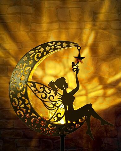 Solar Garden Statues Outdoor Decor, Fairy Moon Figurine Light Stake, Housewarming Ornament for Patio, Lawn, Yard, Pathway - Unique Gift Ideas for Gardening Mom Grandma in Kuwait