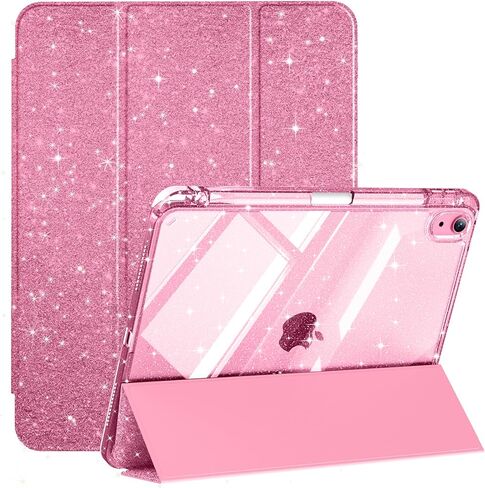 حافظة لجهاز iPad Air 11 بوصة M3/M2 (2025/2024)، iPad Air الجيل الخامس/الرابع 10.9 بوصة (2022/2020) مع حامل أقلام، غطاء خلفي شفاف هجين لامع، تنبيه/غفو تلقائي، وردي in Saudi Arabia