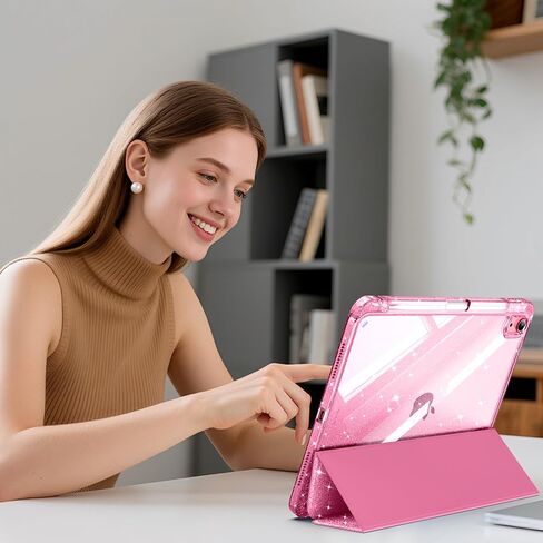 حافظة لجهاز iPad Air 11 بوصة M3/M2 (2025/2024)، iPad Air الجيل الخامس/الرابع 10.9 بوصة (2022/2020) مع حامل أقلام، غطاء خلفي شفاف هجين لامع، تنبيه/غفو تلقائي، وردي in Saudi Arabia