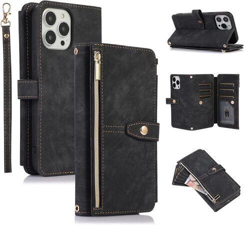 UEEBAI Wallet Case for iPhone 15 Pro Max 6.7 inch, 9 Card Slots Retro Leather Wallet Case Shockproof Flip Case with Hand Strap Card Slots Zipper Pocket Kickstand Handbag Magnetic Closure-Retro Black in Saudi Arabia