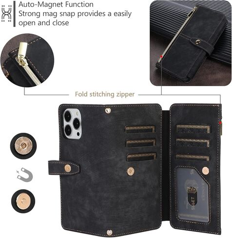 UEEBAI Wallet Case for iPhone 15 Pro Max 6.7 inch, 9 Card Slots Retro Leather Wallet Case Shockproof Flip Case with Hand Strap Card Slots Zipper Pocket Kickstand Handbag Magnetic Closure-Retro Black in Saudi Arabia