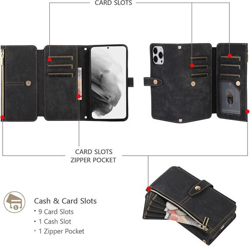 UEEBAI Wallet Case for iPhone 15 Pro Max 6.7 inch, 9 Card Slots Retro Leather Wallet Case Shockproof Flip Case with Hand Strap Card Slots Zipper Pocket Kickstand Handbag Magnetic Closure-Retro Black in Saudi Arabia