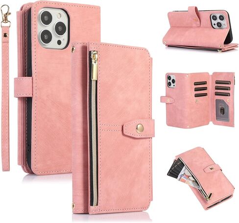 UEEBAI Wallet Case for iPhone 15 Pro Max 6.7 inch, 9 Card Slots Retro Leather Wallet Case Shockproof Flip Case with Hand Strap Card Slots Zipper Pocket Kickstand Handbag Magnetic Closure-Retro Black in Saudi Arabia