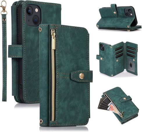 UEEBAI Wallet Case for iPhone 15 Pro Max 6.7 inch, 9 Card Slots Retro Leather Wallet Case Shockproof Flip Case with Hand Strap Card Slots Zipper Pocket Kickstand Handbag Magnetic Closure-Retro Black in Saudi Arabia