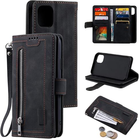 UEEBAI Wallet Case for iPhone 15 Pro Max 6.7 inch, 9 Card Slots Retro Leather Wallet Case Shockproof Flip Case with Hand Strap Card Slots Zipper Pocket Kickstand Handbag Magnetic Closure-Retro Black in Saudi Arabia