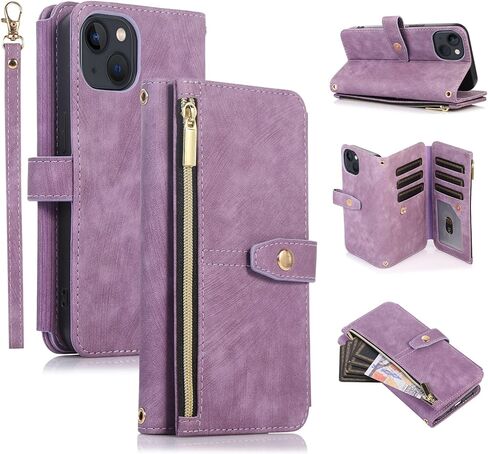 UEEBAI Wallet Case for iPhone 15 Pro Max 6.7 inch, 9 Card Slots Retro Leather Wallet Case Shockproof Flip Case with Hand Strap Card Slots Zipper Pocket Kickstand Handbag Magnetic Closure-Retro Black in Saudi Arabia