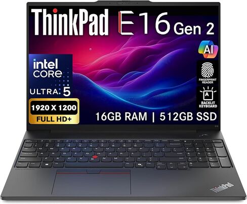 Oemgenuine Lenovo ThinkPad E16 Gen 2، شاشة لمس WUXGA 16 بوصة، Intel Ultra 5-125U، ذاكرة وصول عشوائي DDR5 سعة 16 جيجابايت، 512 جيجابايت NVMe، FP، لوحة مفاتيح بإضاءة خلفية، WiFi 6E + BT، RJ-45، كاميرا ويب FHD، W11P، كمبيوتر محمول للأعمال AI in Kuwait