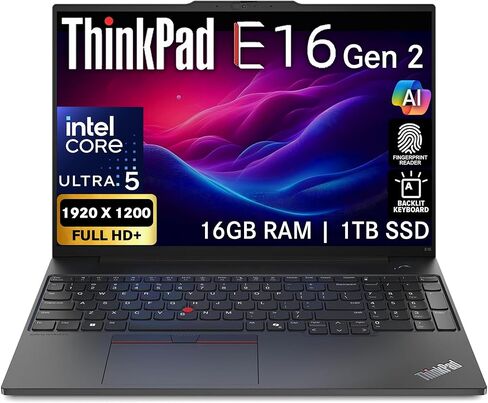 Oemgenuine Lenovo ThinkPad E16 Gen 2، شاشة لمس WUXGA 16 بوصة، Intel Ultra 5-125U، ذاكرة وصول عشوائي DDR5 سعة 16 جيجابايت، 512 جيجابايت NVMe، FP، لوحة مفاتيح بإضاءة خلفية، WiFi 6E + BT، RJ-45، كاميرا ويب FHD، W11P، كمبيوتر محمول للأعمال AI in Kuwait