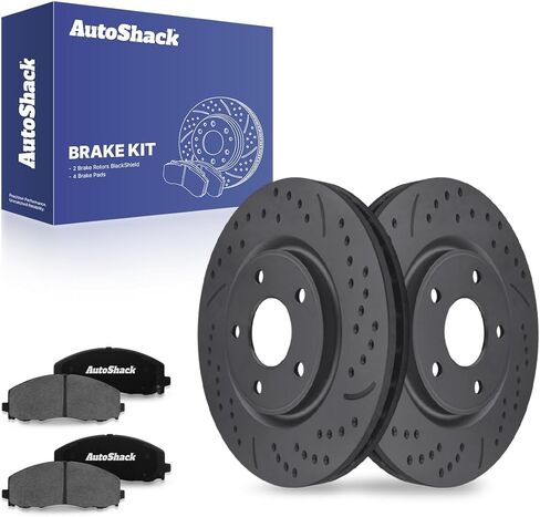 AutoShack 12.99" (330 mm) Front Vented Drilled & Slotted Brake Rotors Coated + Ceramic Brake Pads Replacement for 2012-2020 Dodge Journey Silver Zinc Coated 6-PC Brake Kit SilverShield Pro in Saudi Arabia