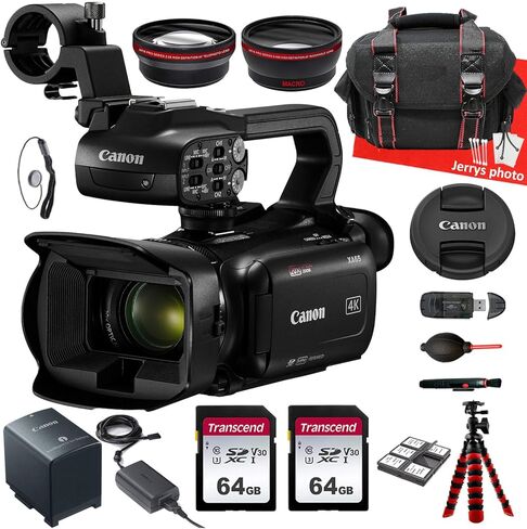 كاميرا فيديو Canon XA65 احترافية بدقة UHD 4K + عدسة AVX واسعة الزاوية وعدسة مقربة + قطعتين ذاكرة سعة 64 جيجابايت + حامل ثلاثي عنكبوتي + المزيد (حزمة من 19 قطعة)، أسود (متجدد) in Kuwait