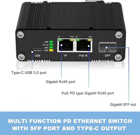 Gigabit 2-Port PD Switch with Type-C Output (Up to 60W 3A Max), IEEE802.3at/bt PoE to USB3.0 5V/9V/12V/15V/20V Output, Industrial ethernet Switch with 100/1000M SFP for Laptop/Phone/IP Cameras in Saudi Arabia