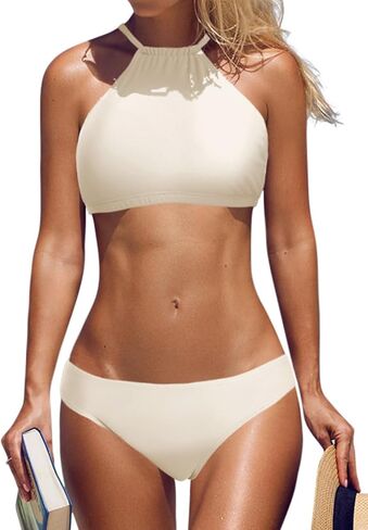 beautyin Womens Floral Striped Halter High Neck Bikini Swimsuit Set Cross Back in Kuwait