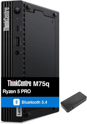 كمبيوتر سطح المكتب الصغير Lenovo ThinkCentre M75q Business (AMD Ryzen 5 PRO 5650GE، AMD Radeon، 64 جيجابايت DDR4، 2 تيرابايت PCIe SSD، WiFi 6، بلوتوث 5.4، 65 واط PSU، RJ-45، 1 منفذ عرض، HDMI، Win 11 Pro) مع قاعدة توصيل USB-C in Kuwait