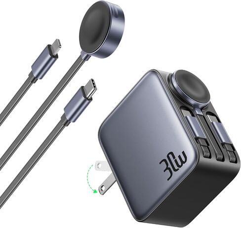 30W Retractable Charger 3 in 1, Wall Charger Fast Charging with Triple Retractable Charging Cables, Portable Multi Charger for iPhone 17 Pro Max, for Apple iWatch, Air Pods, Samsung, iPad in Kuwait