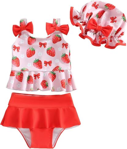 Infant Baby Girl Swimsuit Toddler Bathing Suit Sleeveless Bikini Top Ruffle Shorts with Hat Beach Swimwear in Saudi Arabia
