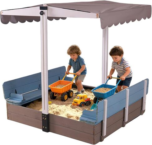 GUTINNEEN Sandbox with Lid and Cover for Kids Outdoor Sand Box with 3 Toy Bins, 2 Foldable Bench Seats, Adjustable Canopy and Sand Protection Liner, 47.2" L x 47.2" W x 51.9" H in Saudi Arabia