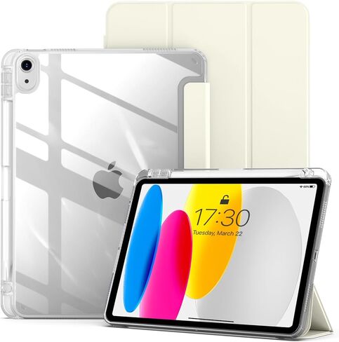 حافظة aoub الهجينة لجهاز iPad (A16) الجيل العاشر 11/10.9 بوصة 2025/2022 مع حامل أقلام، غطاء خلفي صلب شفاف مع غطاء مقاوم للصدمات، مضاد للأصفر، نوم/استيقاظ تلقائي، أبيض in Kuwait