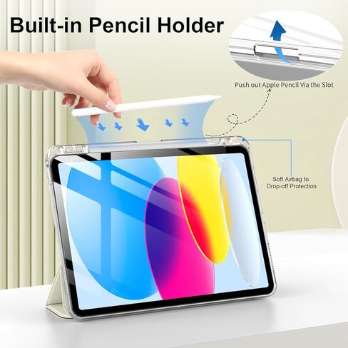 حافظة aoub الهجينة لجهاز iPad (A16) الجيل العاشر 11/10.9 بوصة 2025/2022 مع حامل أقلام، غطاء خلفي صلب شفاف مع غطاء مقاوم للصدمات، مضاد للأصفر، نوم/استيقاظ تلقائي، أبيض in Kuwait