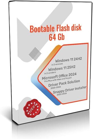 محرك أقراص فلاش USB قابل للتمهيد سعة 64 جيجابايت مع Win 11 24H2/25H2-4in1، Office 2024، Driver Pack Solution 2026 in Kuwait