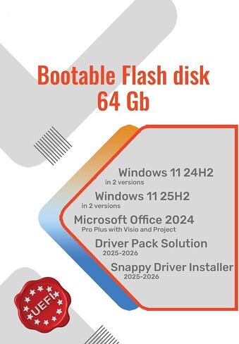محرك أقراص فلاش USB قابل للتمهيد سعة 64 جيجابايت مع Win 11 24H2/25H2-4in1، Office 2024، Driver Pack Solution 2026 in Kuwait