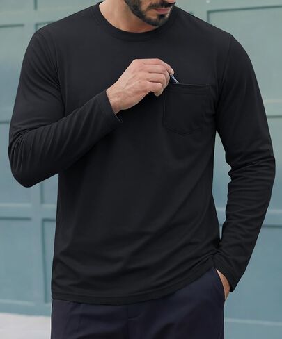 Men’s Long Sleeve Shirt Lightweight Cotton Crew Neck Shirts with Pocket Casual Moisture Wicking T-Shirt in Saudi Arabia