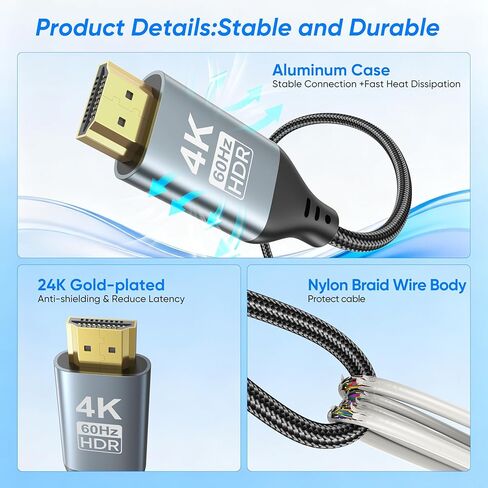 كابل USB C إلى HDMI للمكتب المنزلي بطول 6 أقدام (4K@60 هرتز) سلك HDMI 2.0 مجدول عالي السرعة، Thunderbolt 3/4 متوافق مع أجهزة MacBook وiPhone 15/16 Pro/Max وiPad Pro وiMac وGalaxy S8-S25 in Kuwait
