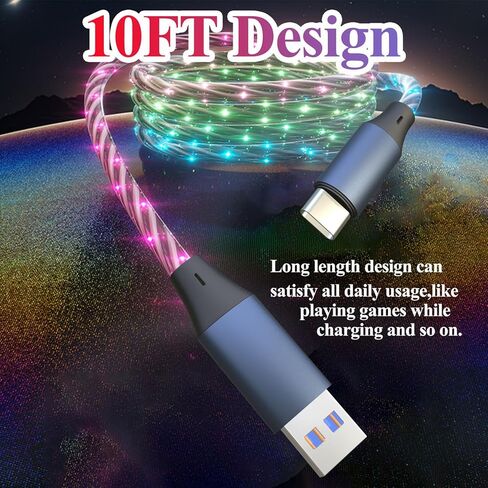 كابل شحن مضيء من النوع C بطول 10أقدام بقوة 66 وات شاحن USB A إلى C مضاء وسلك شحن سريع متدفق RGB وسلك شاحن مضيء متوافق مع iPhone 17/16/15/Samsung Galaxy S23 S22 المزيد in Saudi Arabia