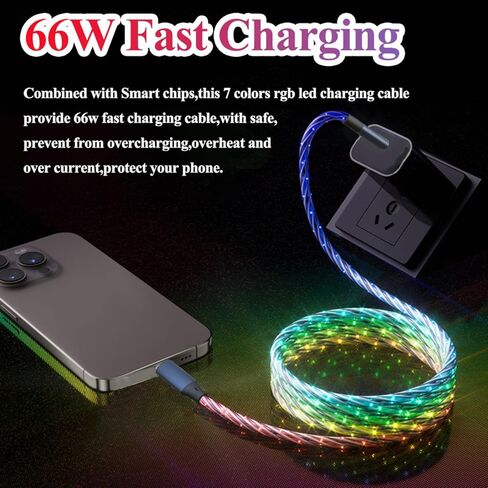 كابل شحن مضيء من النوع C بطول 10أقدام بقوة 66 وات شاحن USB A إلى C مضاء وسلك شحن سريع متدفق RGB وسلك شاحن مضيء متوافق مع iPhone 17/16/15/Samsung Galaxy S23 S22 المزيد in Saudi Arabia