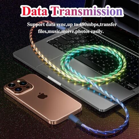 كابل شحن مضيء من النوع C بطول 10أقدام بقوة 66 وات شاحن USB A إلى C مضاء وسلك شحن سريع متدفق RGB وسلك شاحن مضيء متوافق مع iPhone 17/16/15/Samsung Galaxy S23 S22 المزيد in Saudi Arabia