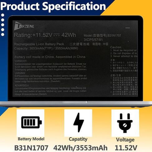 B31N1707 42Wh استبدال البطارية لـ Asus VivoBook S14 S406UA-GS8202T S410 S410UN S410UF S410UA S410UQ S410UQ-NH74 X411UA X411UF X411UN X411UQ S4100V S4100VN Series 11.55V 3653 in Saudi Arabia