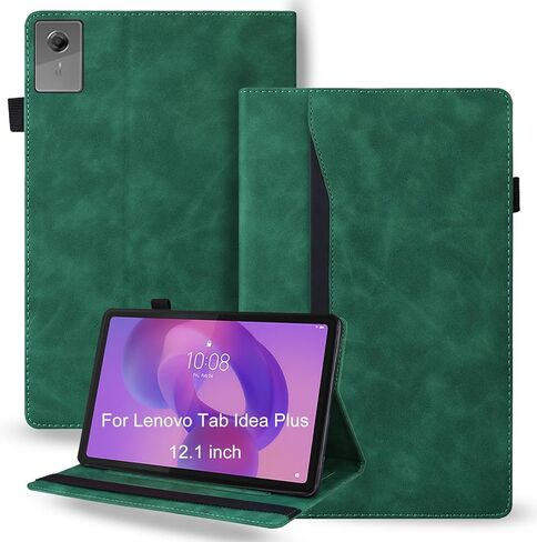 حافظة ريترو لجهاز Lenovo Idea Tab Plus 12.1 بوصة إصدار 2025 - غطاء واقٍ مقاوم للصدمات من جلد البولي يوريثان ومادة TPU الهجينة مع حزام قبضة مضاد للانزلاق، وفتحات للبطاقات ومسند - أخضر in Saudi Arabia