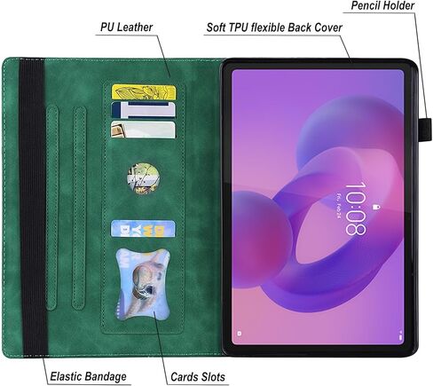 حافظة ريترو لجهاز Lenovo Idea Tab Plus 12.1 بوصة إصدار 2025 - غطاء واقٍ مقاوم للصدمات من جلد البولي يوريثان ومادة TPU الهجينة مع حزام قبضة مضاد للانزلاق، وفتحات للبطاقات ومسند - أخضر in Saudi Arabia
