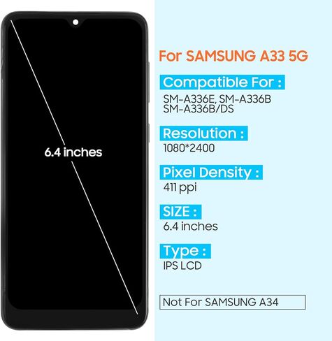 for Samsung Galaxy A33 5G Screen Replacement for Samsung A33 5G A336 LCD Display SM-A336E SM-A336B Touch Screen Digitizer Glass Assembly with Repair Kits (Black with Frame,Without Fingerprint) in Saudi Arabia