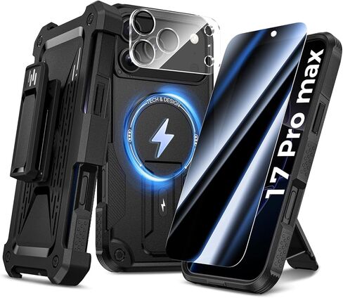 حافظة Goton 4in1 لهاتف iPhone 17 Pro Max مع حافظة بمشبك حزام، وواقي شاشة من الزجاج المقوى للخصوصية وواقي عدسة الكاميرا، متوافق مع MagSafe، وغطاء هاتف عالي التحمل ومقاوم للصدمات in Kuwait