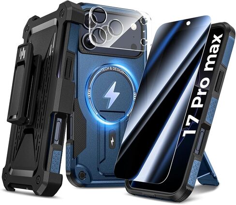 Goton 4in1 for iPhone 17 Pro Max Case with Belt Clip Holster, Privacy Tempered Glass Screen Protector & Camera Lens Protector, Compatible with MagSafe, Heavy Duty, Shockproof Phone Cover in Saudi Arabia