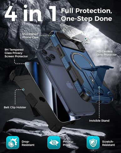 Goton 4in1 for iPhone 17 Pro Max Case with Belt Clip Holster, Privacy Tempered Glass Screen Protector & Camera Lens Protector, Compatible with MagSafe, Heavy Duty, Shockproof Phone Cover in Saudi Arabia