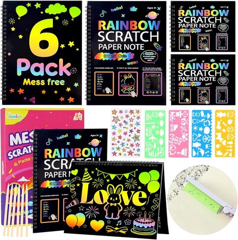 Scratch Art Books for Kids, 6 Packs Rainbow Scratch Notebook, Crafts Kit with Reusable Cleaner Tool, Mess-Free Art Crafts for Kids Ages 4-8, Travel, Gifts for 4 5 6 7 8 9 Year Old Girl Boy in Saudi Arabia