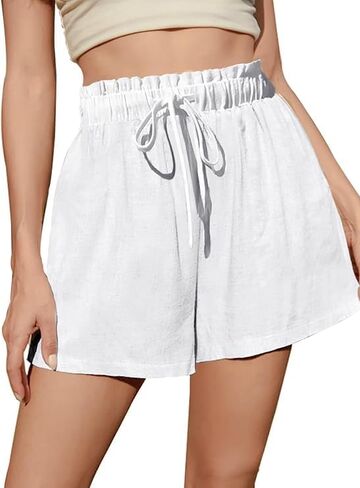 Fancysters Womens Linen Casual Shorts High Waisted Cotton Shorts Summer Flowy Beach Drawstring Shorts in Saudi Arabia